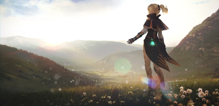 Jean from Genshin Impact in a mountain landscape