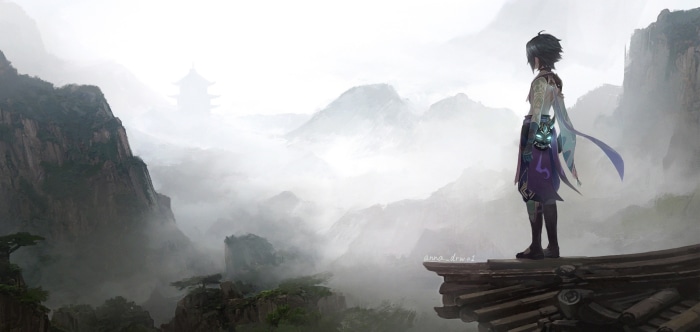 Xiao from Genshin Impact overlooking misty mountains