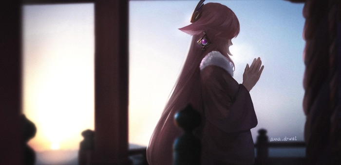 Yae Miko from Genshin Impact praying at sunrise