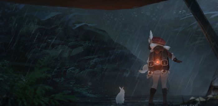 Klee from Genshin Impact in the rain with a rabbit