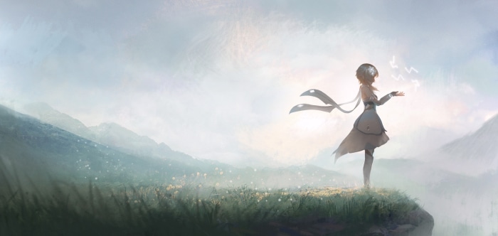Lumine from Genshin Impact in a misty landscape