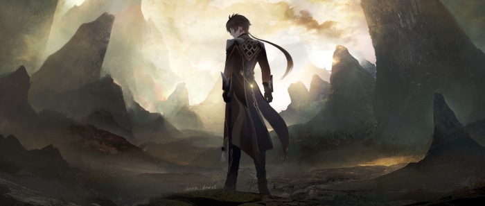 Zhongli from Genshin Impact in a rocky landscape
