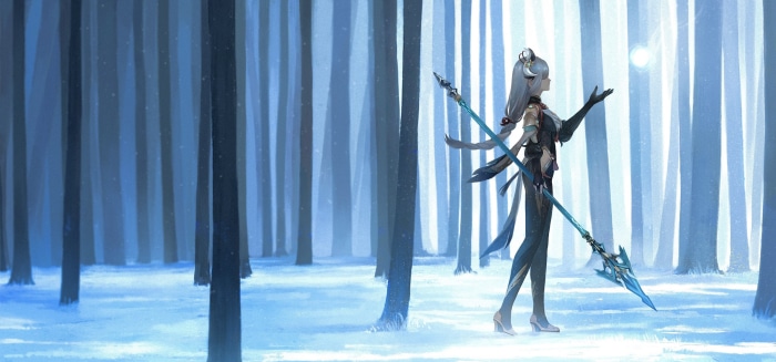 Shenhe from Genshin Impact in a snowy forest
