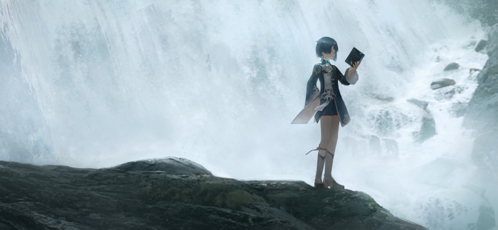 Xingqiu from Genshin Impact reading a book by a waterfall
