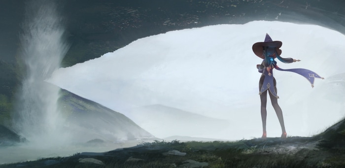 Mona from Genshin Impact by a waterfall