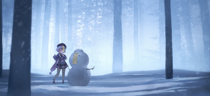 Qiqi from Genshin Impact building a snowman