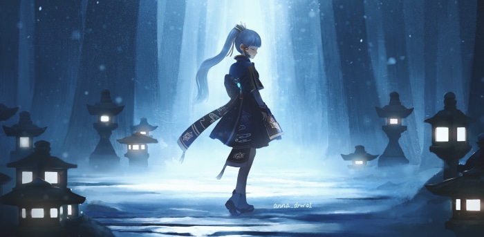 Kamisato Ayaka from Genshin Impact in a snowy forest