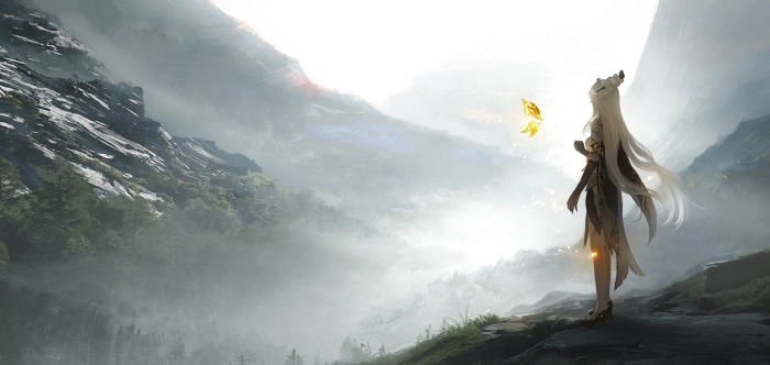 Ningguang from Genshin Impact in a misty mountain landscape