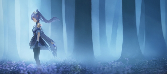 Keqing from Genshin Impact in a misty forest