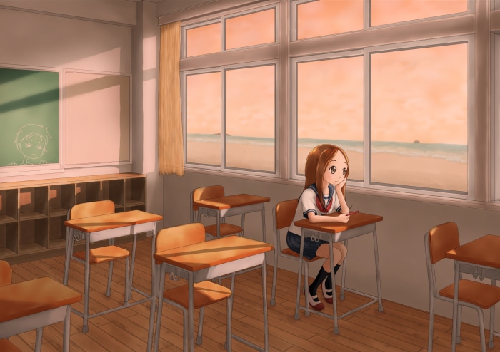 Takagi from Karakai Jouzu No Takagi-san in classroom