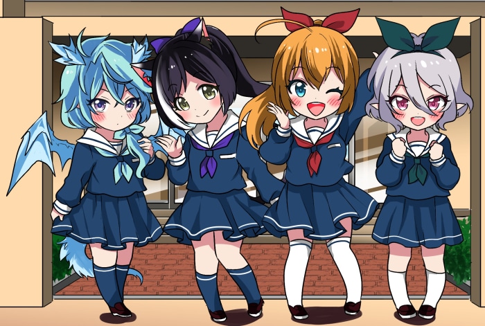 4 girls in school uniforms from Princess Connect! Re:Dive
