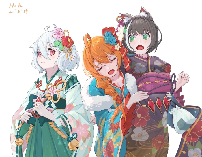 Three girls in kimonos