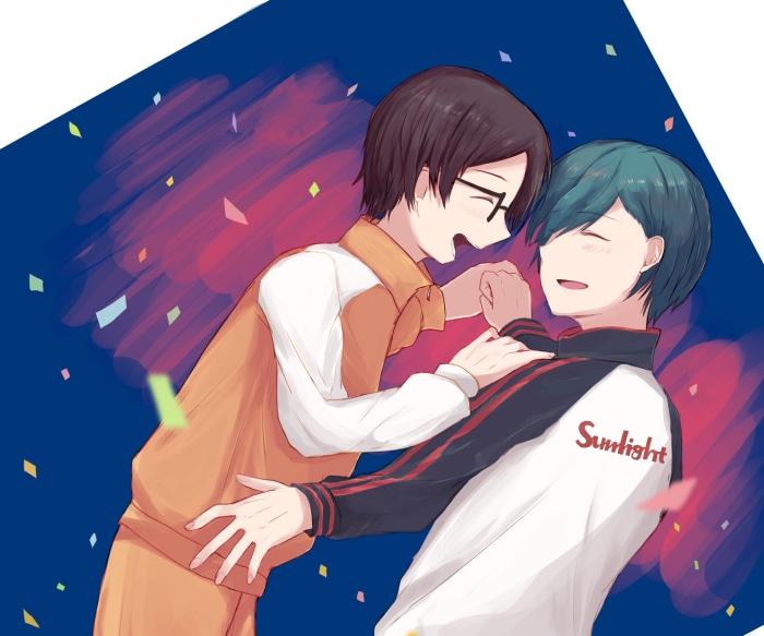 Two boys hugging, confetti