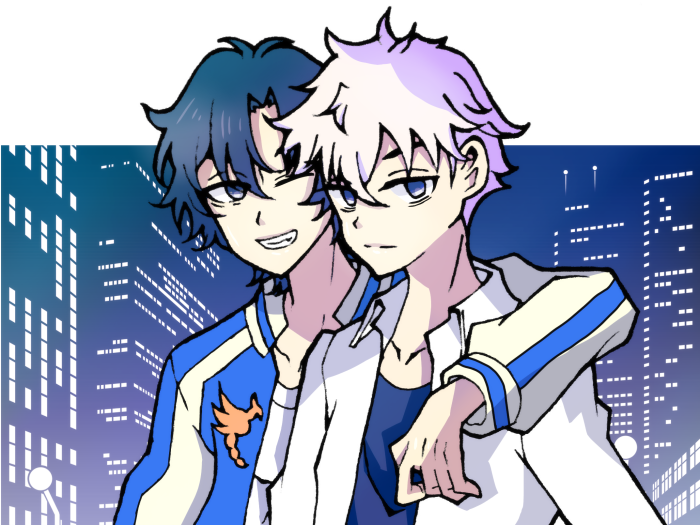 Two anime boys in front of city skyline
