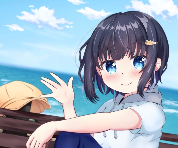 Hiyori Minagi waving on a bench by the sea