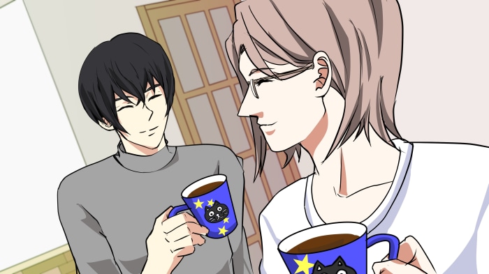 Two men drinking coffee