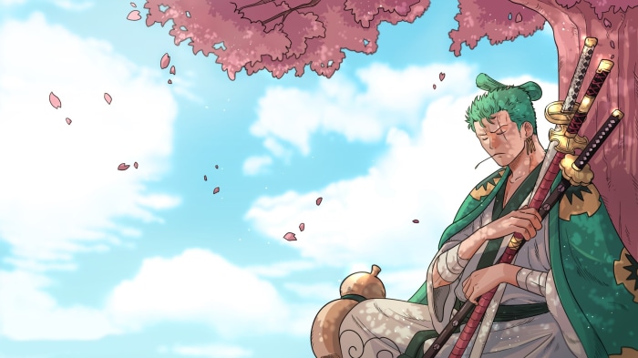 Roronoa Zoro from One Piece under a cherry blossom tree