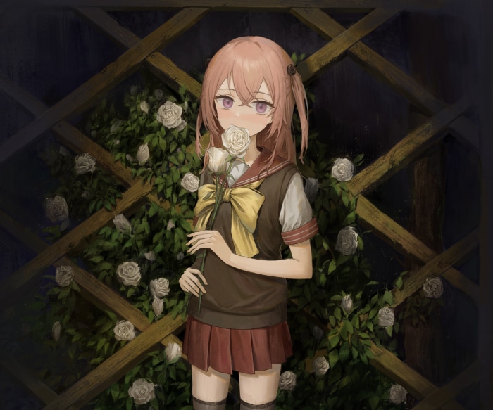 Girl with pink hair holding white roses