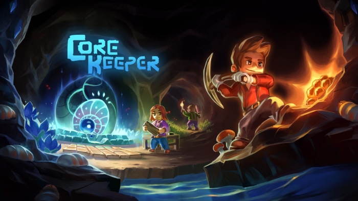Core Keeper game art with characters in a cave