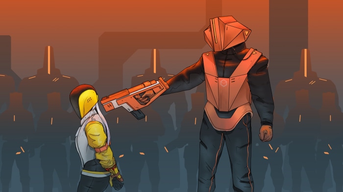 Two armored figures, one holding a gun