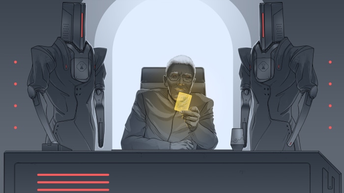 Man holding a golden card with robots