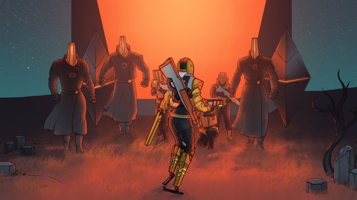 Group of figures in futuristic armor facing a large glowing structure