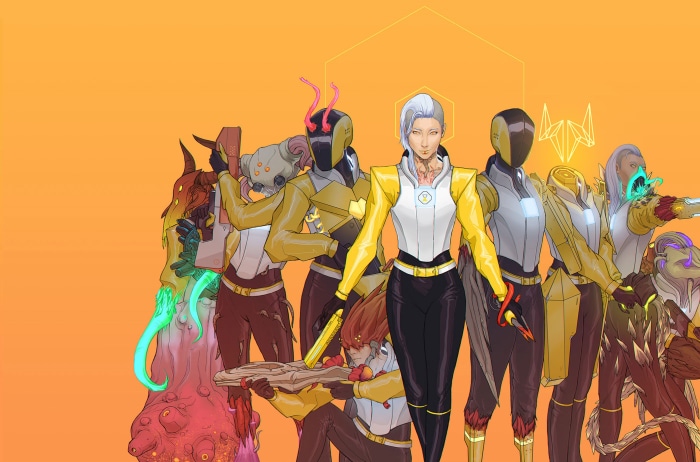 Group of diverse characters with futuristic outfits
