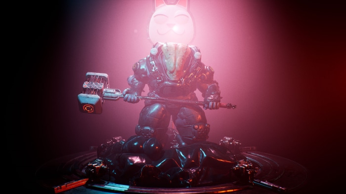 Armored figure with cat head holding a hammer