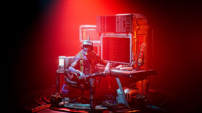 Noghead sitting at a futuristic computer desk