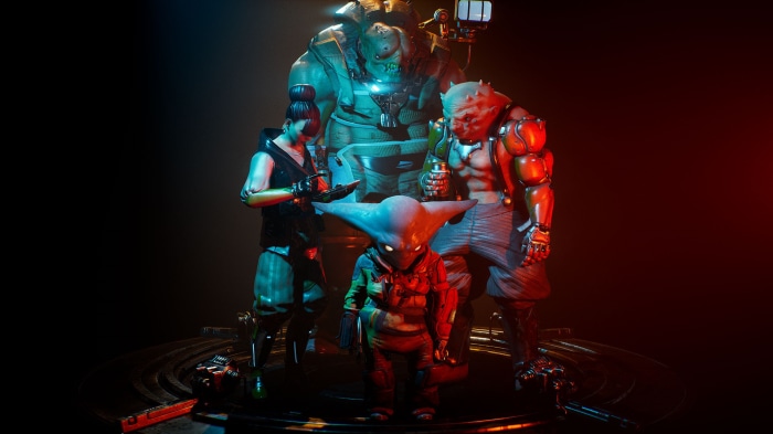 Four characters in a dark, dimly lit environment