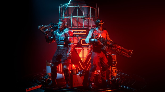 Two combatants with futuristic weapons stand near a structure