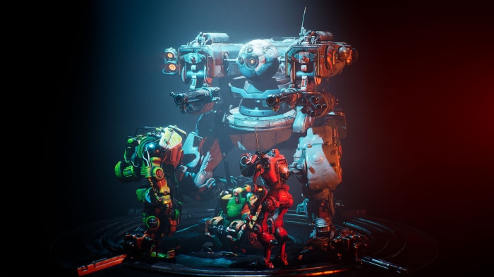 Several mechs of varying sizes and colors