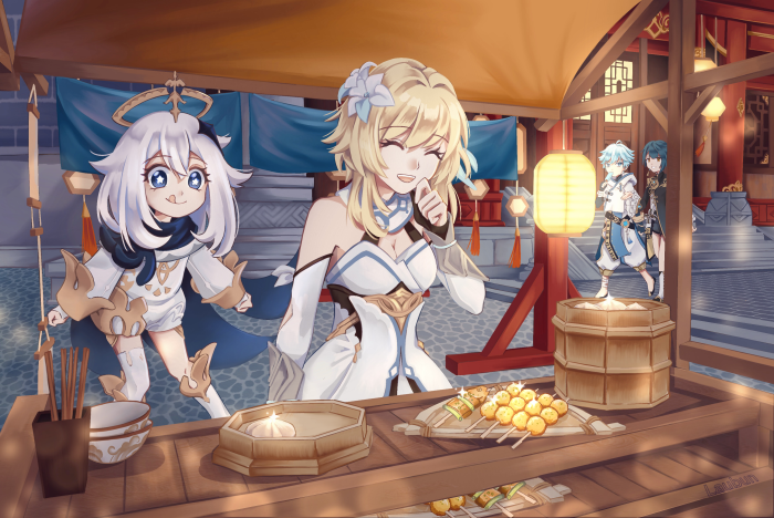 Lumine and Paimon from Genshin Impact at a food stall