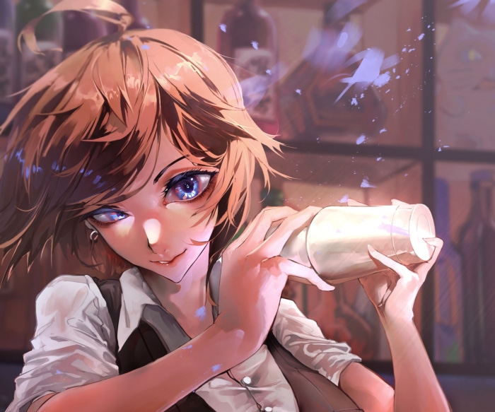 Anime girl bartender shaking a cocktail