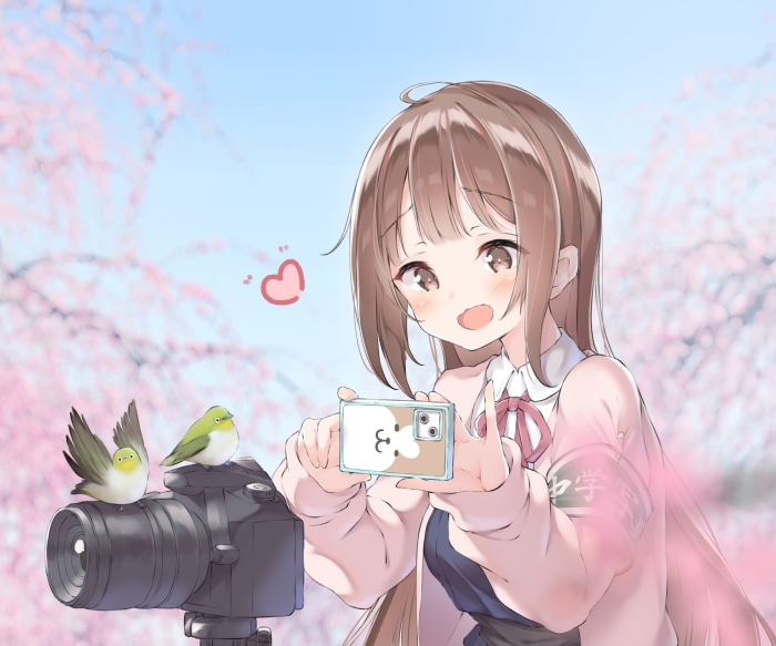 Girl taking a photo with birds and camera
