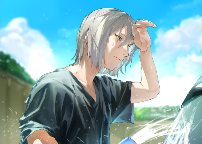 Yuki from IDOLiSH7 washing a car