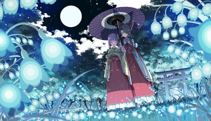 Touhou: Hieda no Akyuu and Reimu Hakurei in a moonlit forest