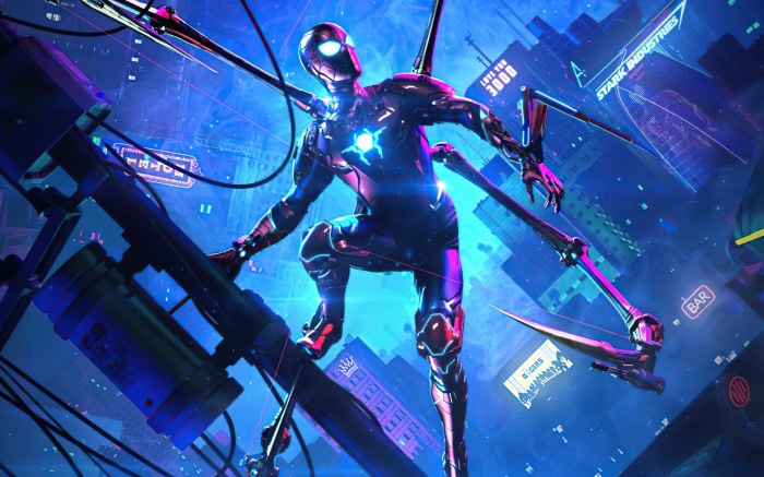 Spider-Man from Marvel in a futuristic city