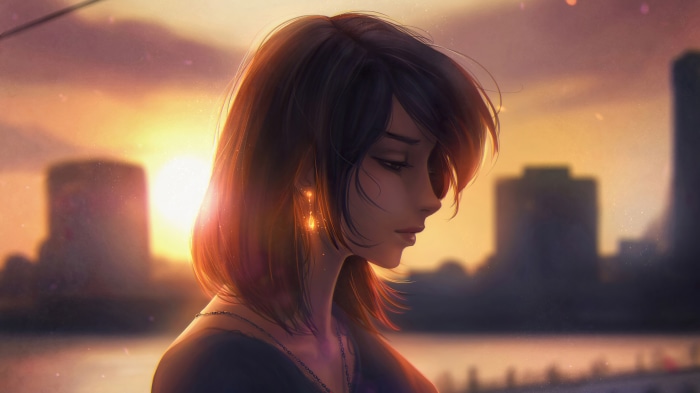 Anime girl at sunset with city skyline