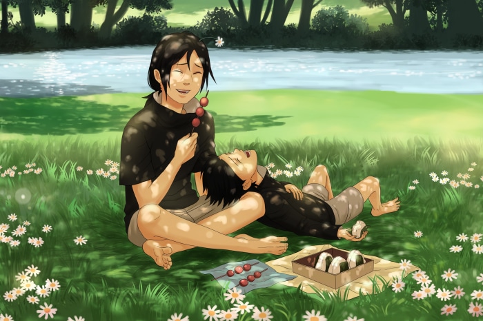 Itachi and Sasuke Uchiha having a picnic by the river