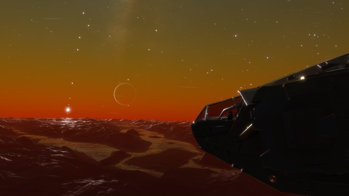 Spaceship cockpit view of alien planet in Elite Dangerous: Odyssey
