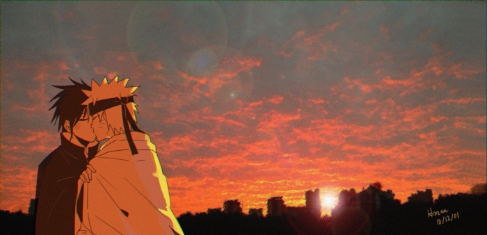 Naruto and Sasuke kissing at sunset