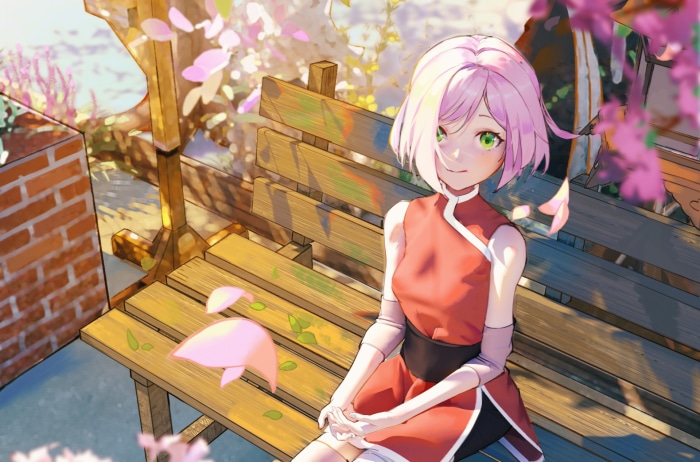 Sakura Haruno from Naruto sitting on a bench