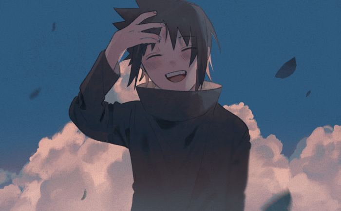 Sasuke Uchiha smiling in the sky