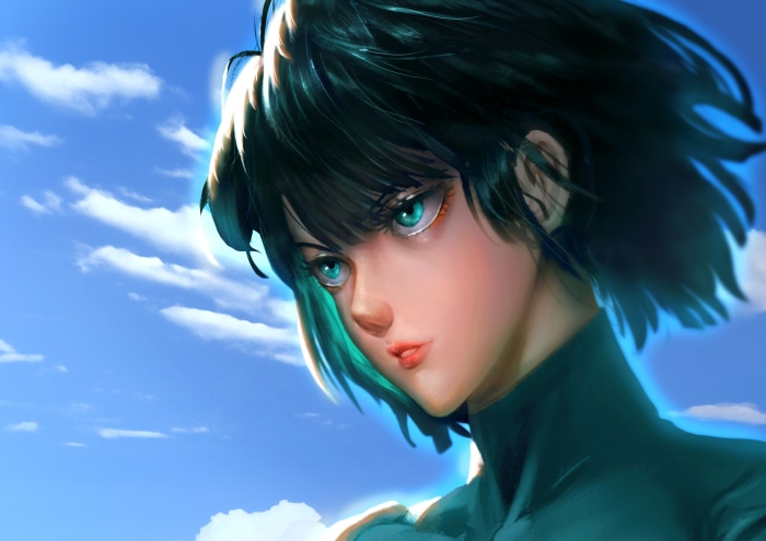 Fubuki from One-Punch Man against a blue sky