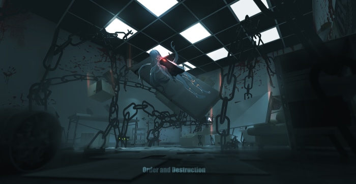Chains in a dark room with a suspended figure