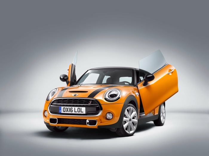 Orange Mini Cooper S with Butterfly Doors