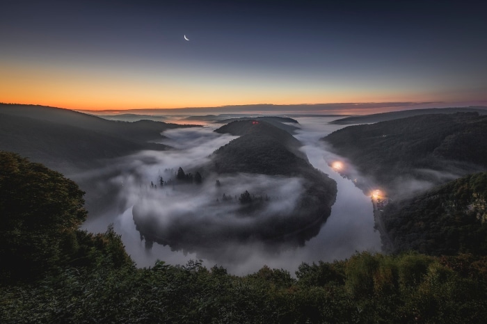 River bend with fog at sunrise, Germany