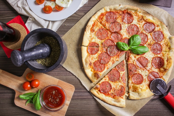 Pepperoni Pizza with Tomatoes and Basil