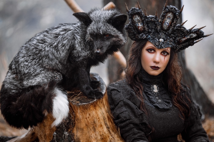 Woman with headdress and silver fox